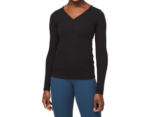 Lululemon Close Call Black Henley Long Sleeve Thermal Knit Top Medium